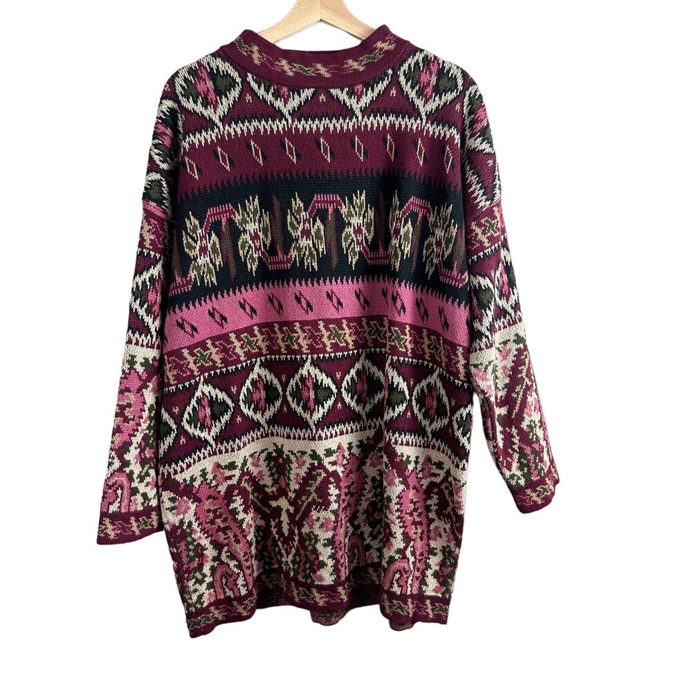 Vintage Express Tricot Fair Isle Nordic Oversized Tunic Mock Neck Sweater M